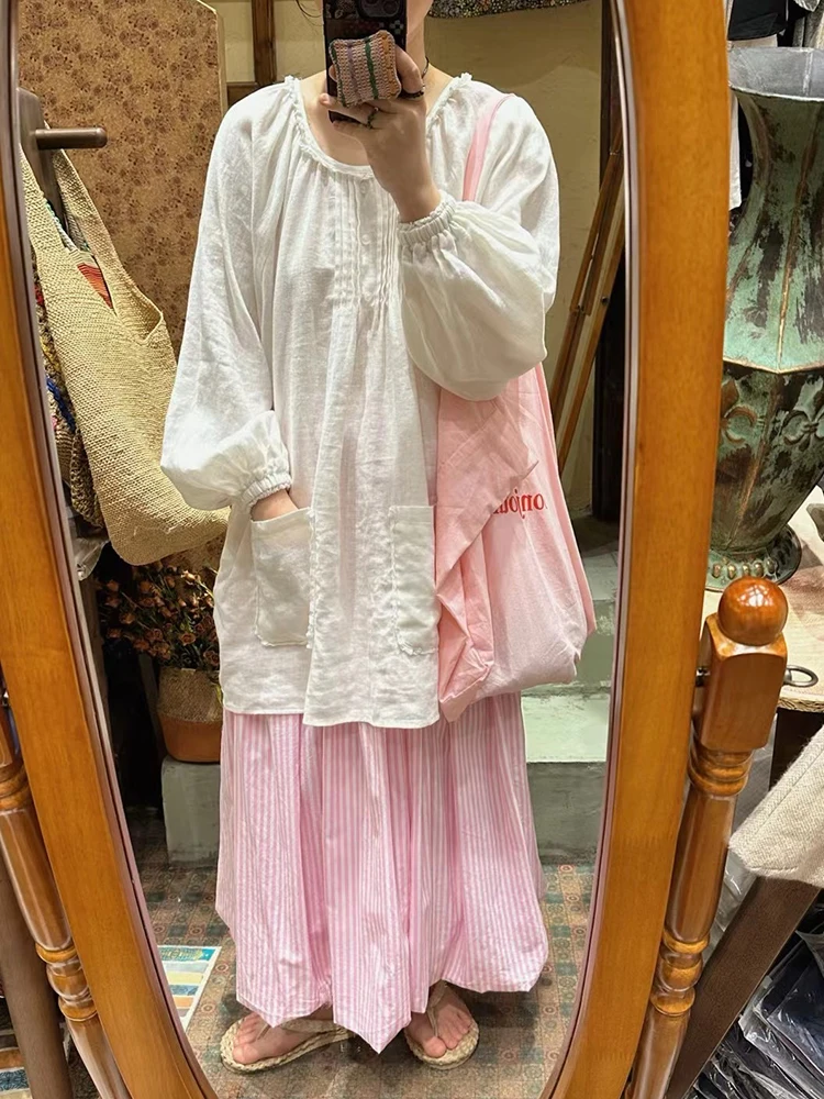 

Хлопковая юбка высокой плотности для полных женщин, летняя, винтажная, в японском стиле, сине-розовые полосы, женская мода больших размеров