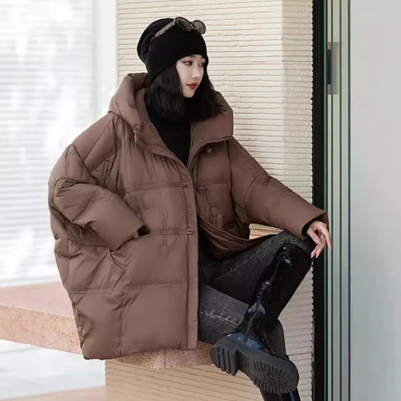 Women's clothing High-end Plus size Hooded Down jacket Winter New Literary Loose fit White duck down Thickened Outerwear