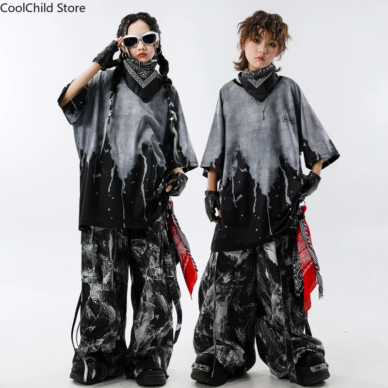 Hip Hop Boys Cool Contrast T-shirt Tie Dye Cargo Pants Girls Street Dance K-pop Costumes Child Streetwear Kids Jazz Clothes Sets