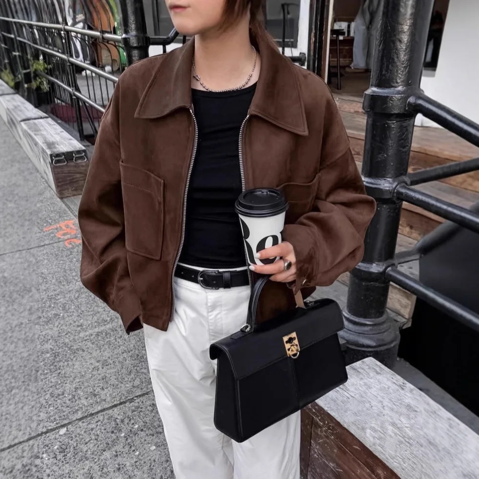 Women's Brown Suede Cropped Jacket, Retro Collared Zip-Up Coat, Oversized Dropped Shoulder Outerwear for Fall ﻿