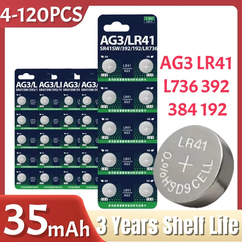 4-120PCS AG3 Button Cell Batteries LR41 L736 392 384 192 1.55V High Capacity Button Battery For Watch Car Key Remote Control Toy