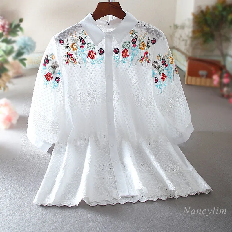 

Artistic Elegant Embroidery Lapel Design Blouse Loose Casual Half Sleeve Large Size Slimming Shirt Women's Mid-Length Top Fall