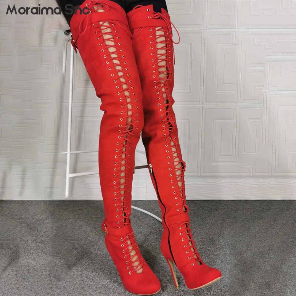 

Red Hollow Lace-Up Boots Round Toe Stiletto Lace-Up Elastic Over-The-Knee Boots Plus Size Fashion Sexy Casual Ladies Thigh Boots