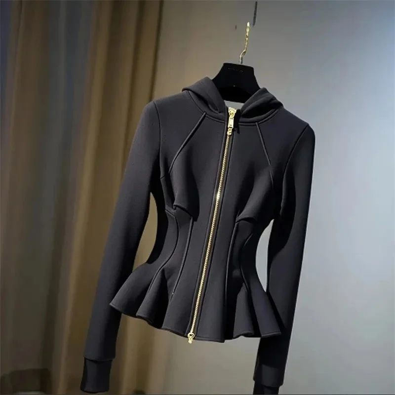 

Fashion Black Hooded Coat Wowen Spring Autumn 2025 New Luxurious Unique Looka Short Waist Design Jacket Hoodie Sweatshirt