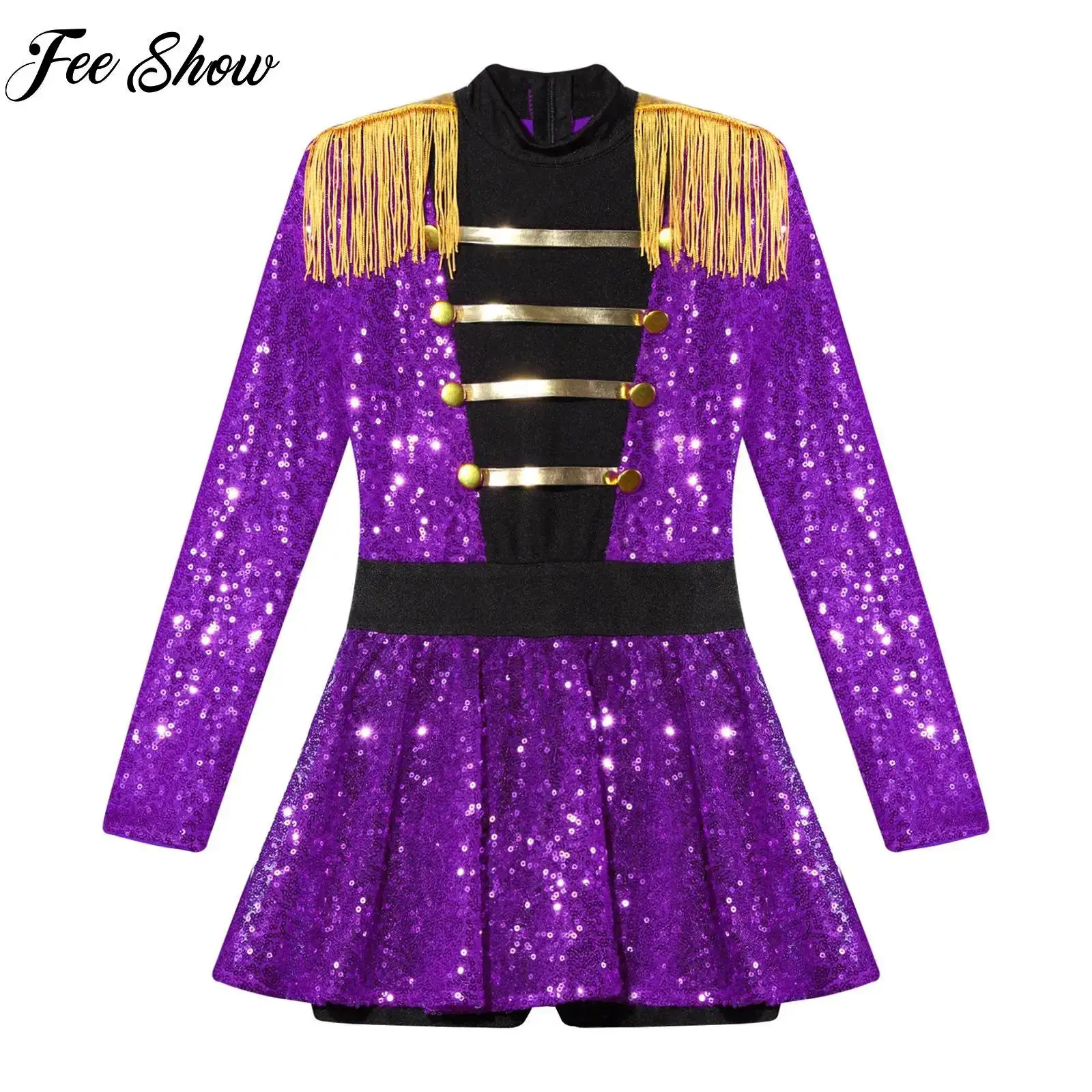 

2025 Girls Shiny Ringmaster Circus Cosplay Dress Costume Long Sleeve Kids Halloween Performance Carnival Dress Jumpsuit Costumes