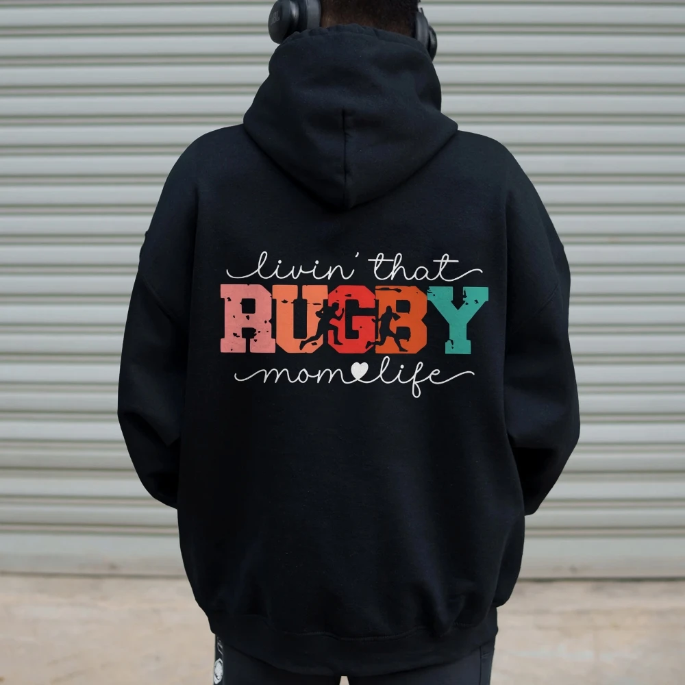 Rugby Mom Football Game Hoodies Back Printed Retro Outfits Game Day Sweater Football Spirit Wear Shirts Sports School Sweatshirt