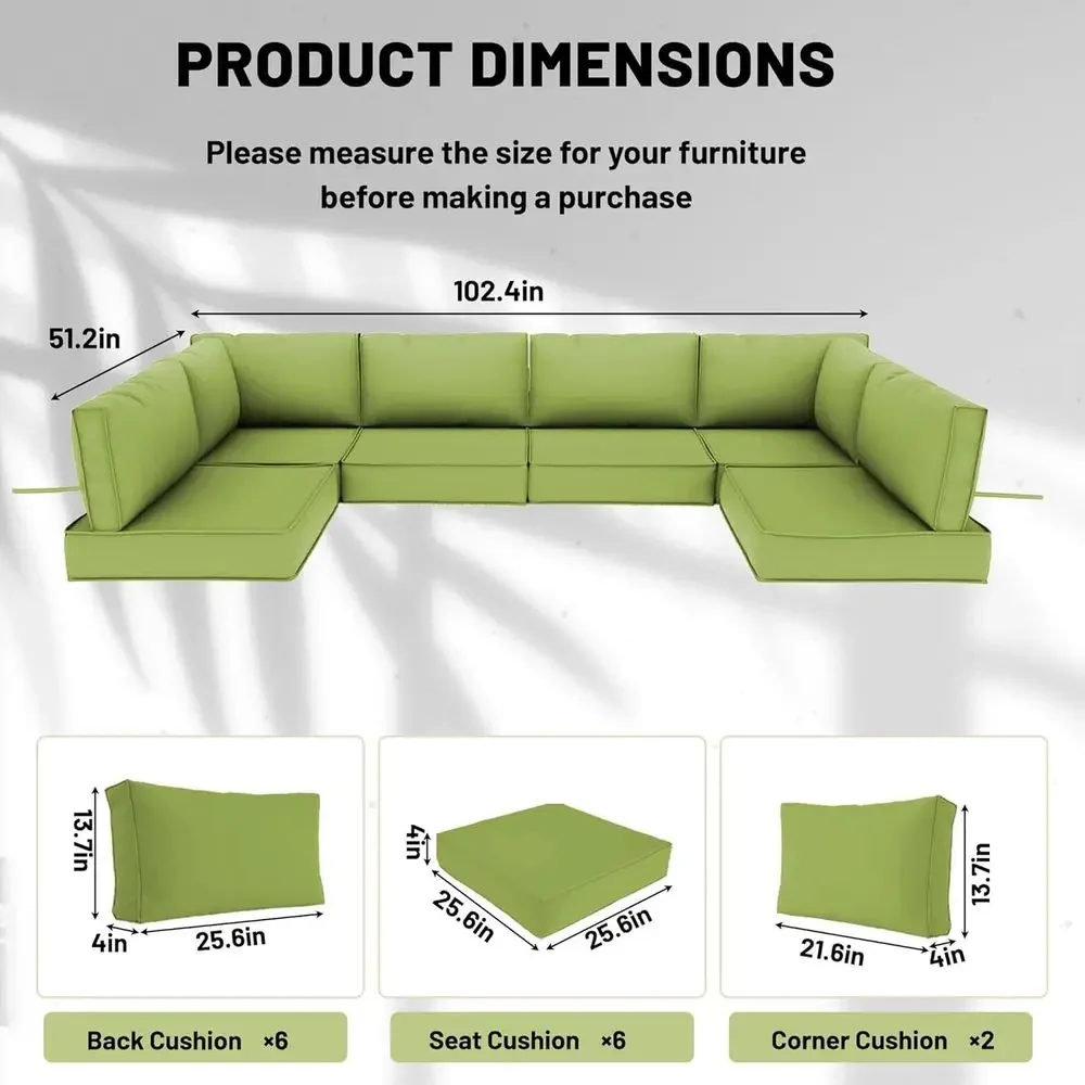 6-Seat Outdoor Sectional Cushions, Water-Resistant Replacement Sofa Cushions, 4 High Density Foam for Patio Furniture (Olive Gre