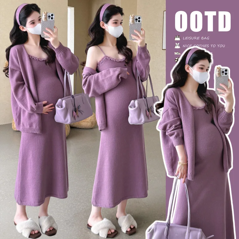 maternity-set-autumn-winter-elegant-soft-comfortable-knitted-elastic-lace-camisole-dress-and-sweater-cardigan-two-piece-set