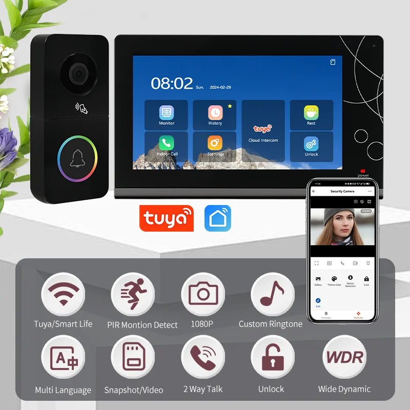 1080P HD Camera Doorbell with 7 Inch IPS Touch Screen Support PIR Video Recording RFIC Unlock Tuya Smart Video Intercom Doorbell