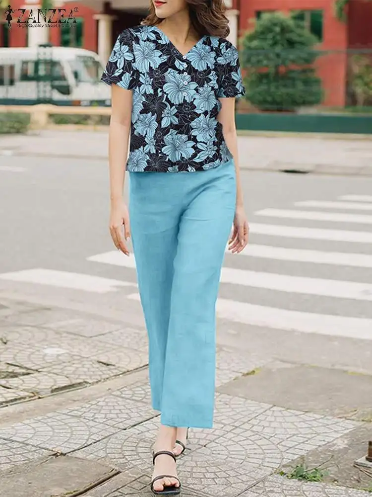 2024 ZANZEA Summer Women Pant Sets 2PCS Short Sleeve Floral Blouse Trousers Suits Elegant Work Tracksuits Casual  Matching Sets