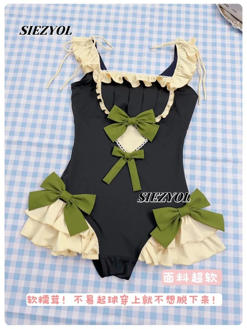 Summer New Sweet and Cute Girl Lotus Leaf Edge One-piece Swimsuit Hot Spring Seaside Japanese Lace Bow Swimming Suit for Women