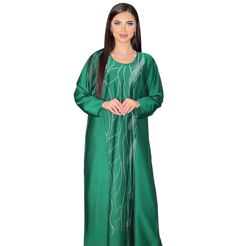 XQY500149 Women's Fashion Diamond Embedding Loose Swing Casual Dubai Robe Dress