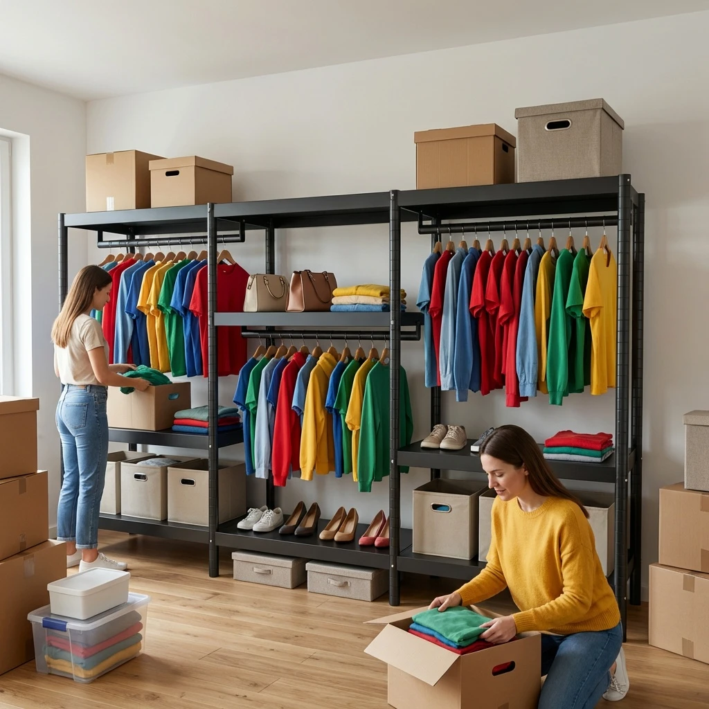 Tragbarer Kleiderschrank-Organizer mit Vollstahlkonstruktion, 9 Regalen, 3 Kleiderstangen, Freistehender Kleiderständer für Apartments