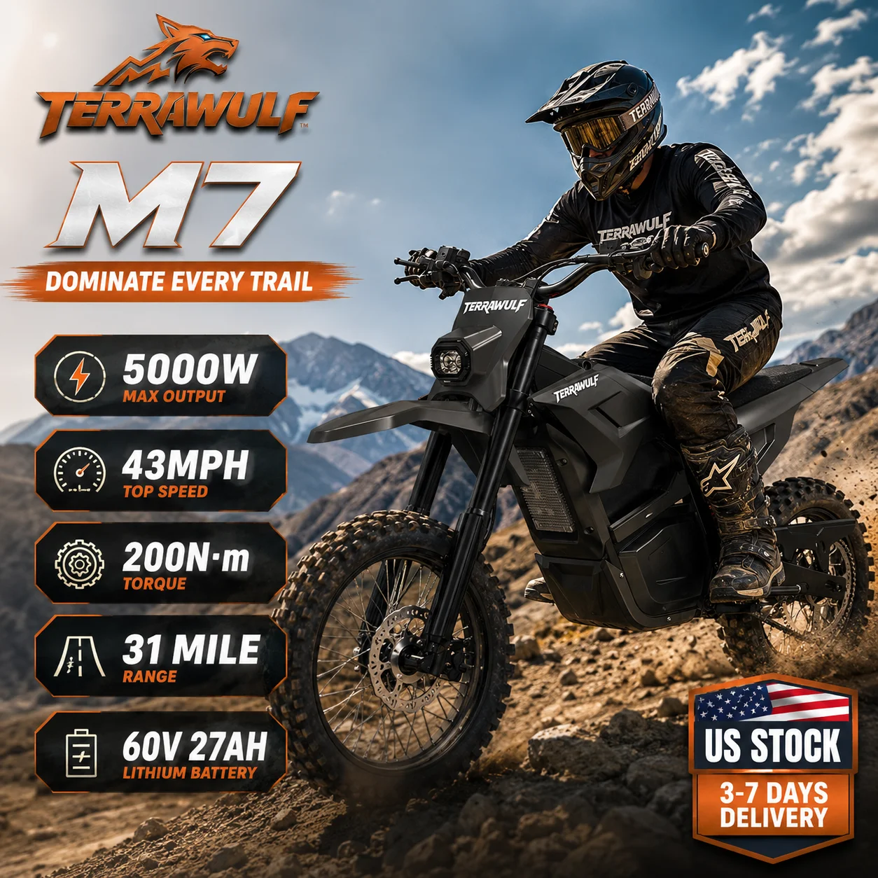 TERRAWULF M7 E Bike for Adults 5000W Max Output 43MPH Top Speed 200N·m Torque Electric Bike 31 Mile Range 60V Lithium Battery Inverted Front Fork Rear Shock Absorber Hydraulic Disc Brakes LCD Display Off-Road E- Bikes for Trail Adventure