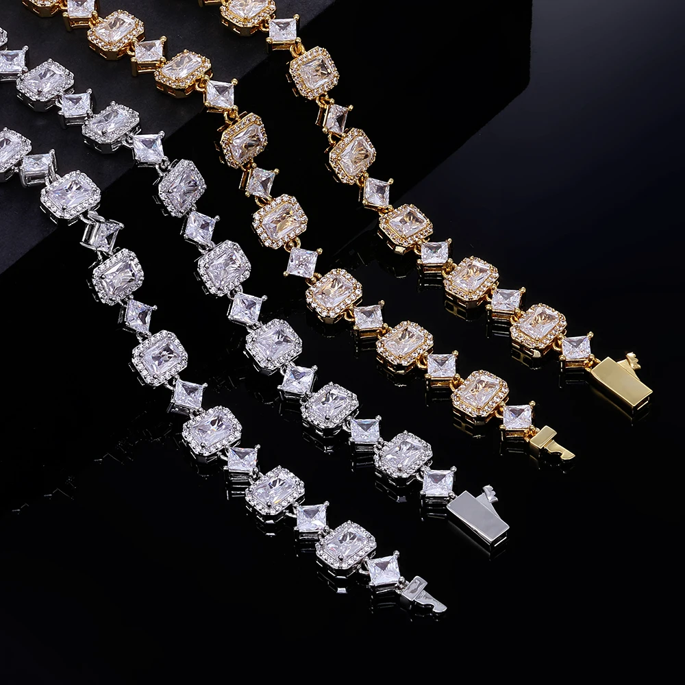 

HHIOK 10mm Square Diamond Design Tennis Chain Fully Inlaid With 5A Zircon Fashionable Custom Hip Hop Women's Jewelry Necklace