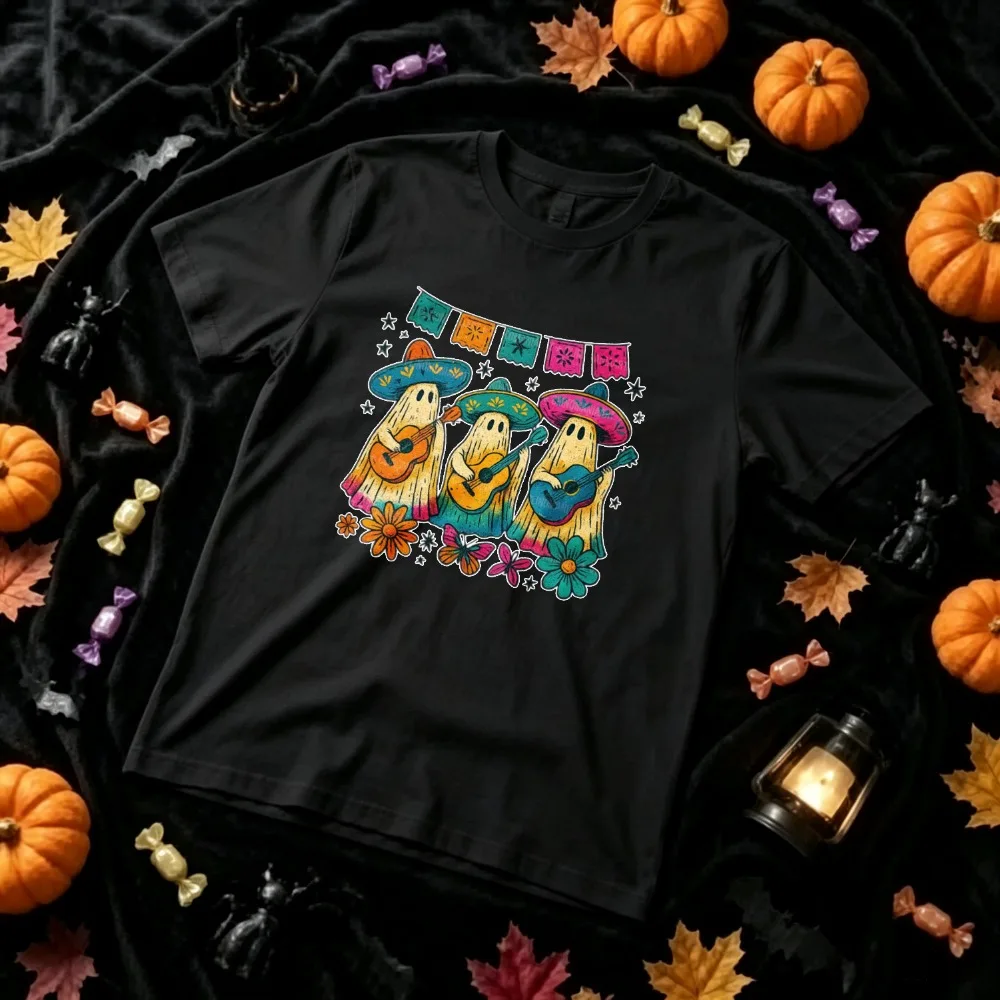 Mexican Mariachi Ghost Halloween Graphic T‑Shirt Cute Ghosts Sombrero Guitar Fiesta Banner Floral Dia De Los Muertos Casual Tees