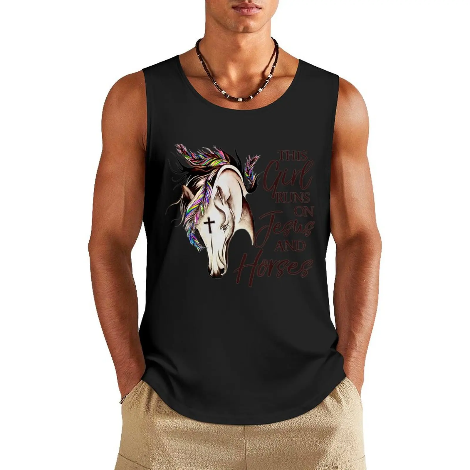 

This Girl Runs On Jesus And Horses Christians Horse Lovers Tank Top Men's summer t-shirt anime gym