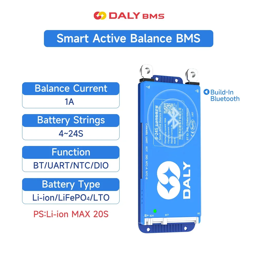 

DALY 100 BMS 4S-8S 10S 16S 17S 24S smart bms 40A 60A 80A 100A150A 200A 12V 24V 48V LiFePo4 Li-on battery bms active balancer
