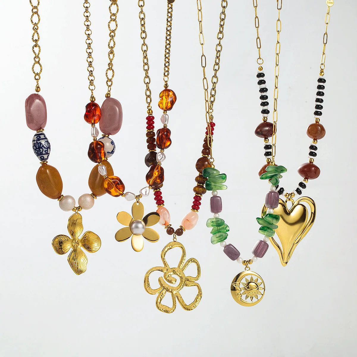 Colorful Bead Long Layering Necklace Abstract Flower Heart Sun Pendant Assorted Geometric Strand Statement Choker Jewelry