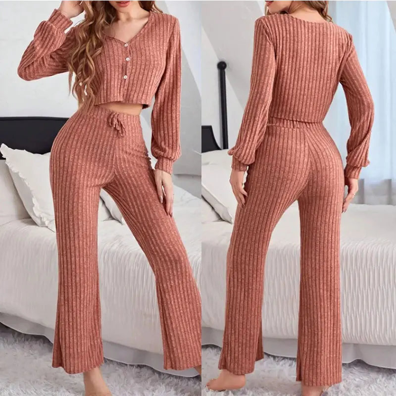 Autumn Winter Women's Pyjamas Solid Colour V-Neck Button Long-Sleeve crop top & long Trousers 2pcs set Brushed Homewear