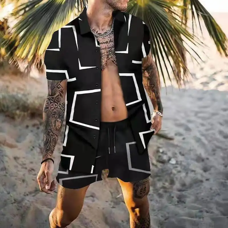 Fashion Men's Hawaiian Set Tracksuit Digital Printing Summer Short Sleeve Button Shirt Beach Shorts Streetwear Men Suit 2 Pieces