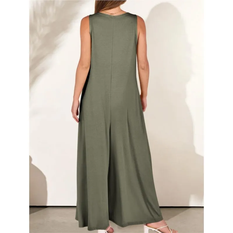 Women's New Summer Casual Jumpsuit Solid Color Elegant Jumpsuit Sleeveless V-neck Wide Leg Pants Jumpsuit Female Fashion Outfits