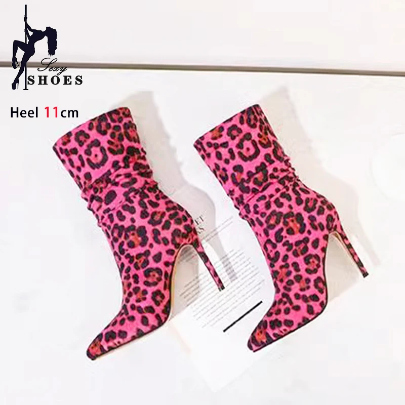 Women Mid-Calf Boots Fashion Leopard Print Stiletto 11CM High Heels Winter Shoes Plus Size 34-46 Pointed Toe Female Suede Boots