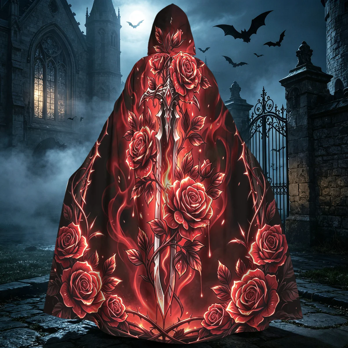 1pcs Gothic Hooded Cloak Cape with Fiery Red Rose Thorn & Sword Patterns - Medieval Witch Wizard Robe