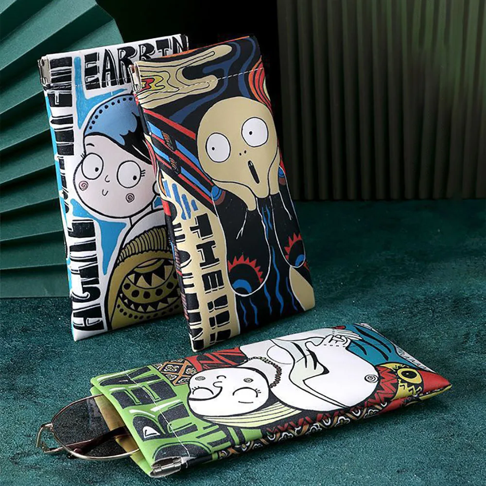 Cartoon Sunglasses Case PU Leather Artistic Graffiti Eyewear Pouch Shockproof Glasses Storage Bag For Women Men Travel