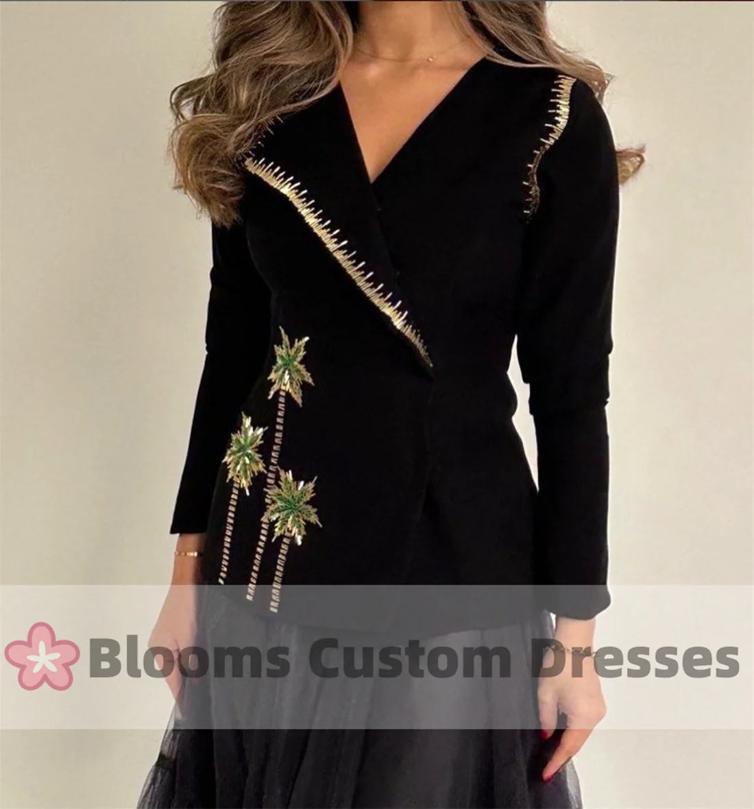 Blooms Customized Black Crepe Tulle A-Line Evening Dresses Beaded Coconut Tree Long Sleeves Formal Occasion Party Dress For Prom