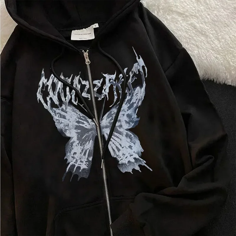 Women Zipper Hoodies Butterfly Print Hip Hop Long Sleeve Jackets for Men Spring Autumn Streetwear Casual Loose Hooded Coats