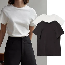 Camiseta Maxdutti-básica para mulher, gola redonda, minimalista, casual, versátil, manga curta, top, estilo nórdico, verão, 2019