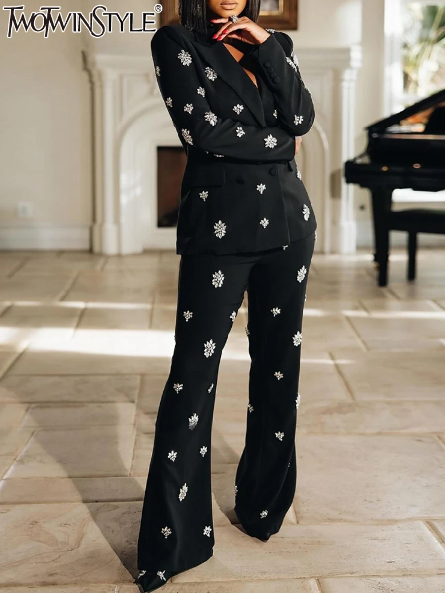 

TWOTWINSTYLE Solid Slimming Two Piece Set for Women Lapel Long Sleeves Blazer High Waist Patchwork Diamonds Pant Sets Female New