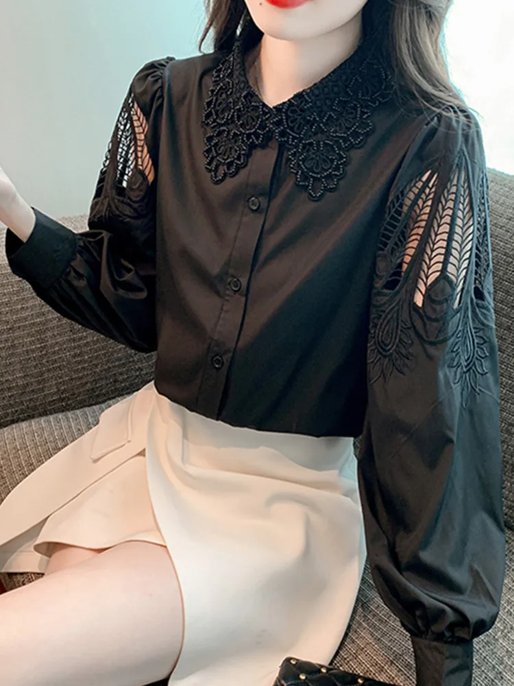 SMTHMA New Autumn Design Embroidered Hollowed Out Shirt Women Beaded Lace Neck Loose Slim Long Sleeved Blouse Top