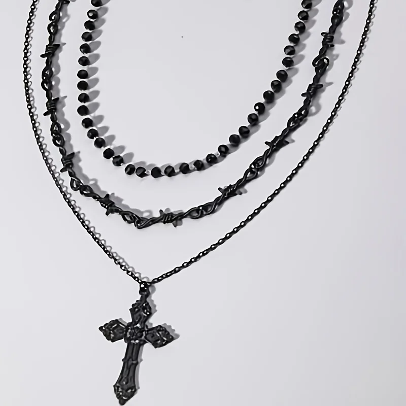 3-piece black Gothic necklace set with barbed wire, black beads, vintage cross pendant, multi-layer stackable necklace, jewelry