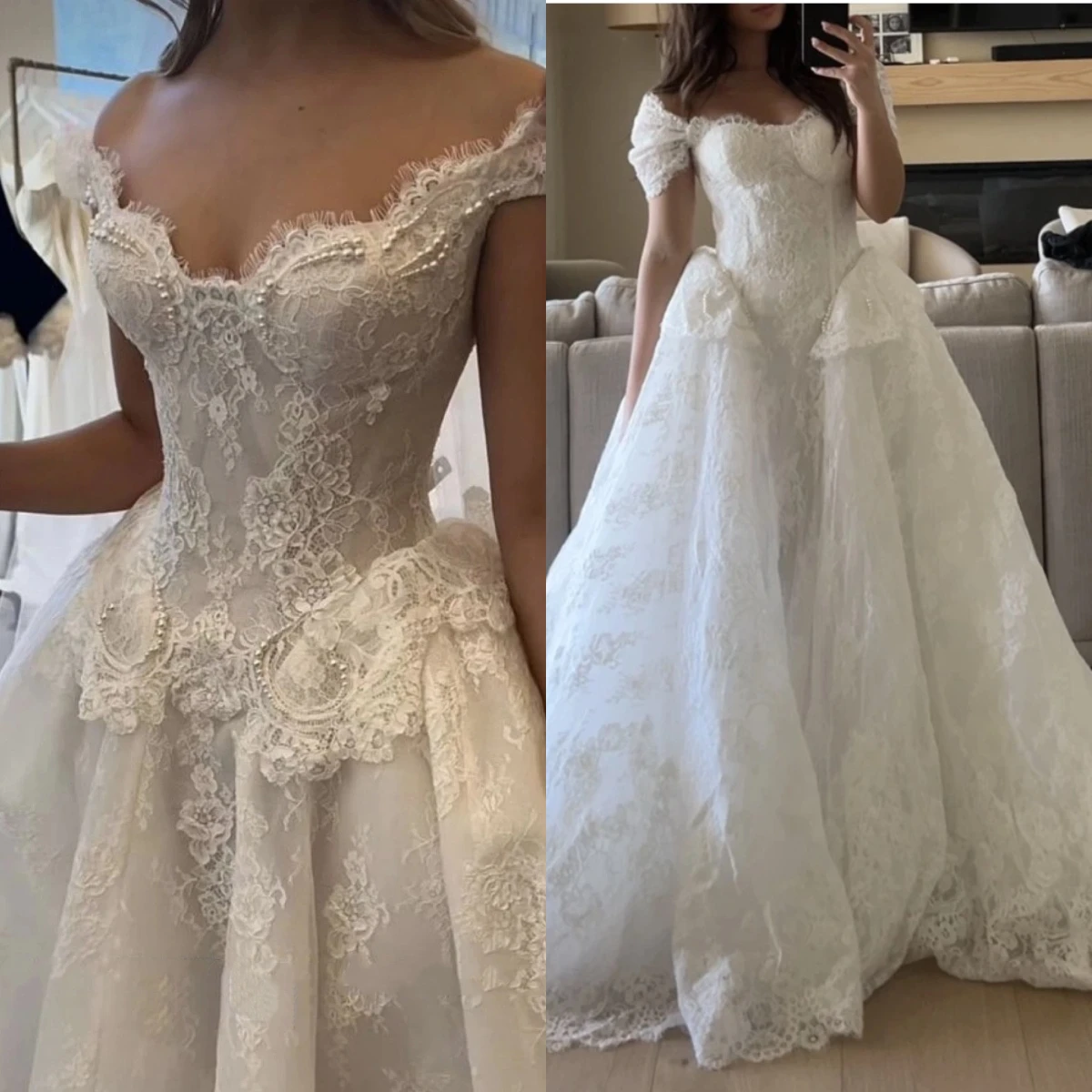 

Gorgeous Lace Applique Pearl Women's Wedding Dress Sexy Sweetheart Off Shoulder Princess Bridal Gown Vestido De Noiva Customized