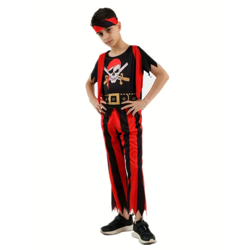 Ragazzi 5 pezzi Halloween Party Set di abbigliamento in stile pirata con accessori, inclusi camicia, pantaloni, benda sull'occhio, spada, mappa, portamonete,