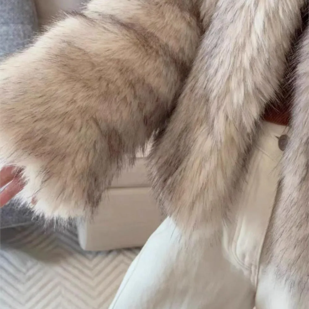 Winter Beige with Black tips Stand Collar Hairy Shaggy Faux Fur Coat Retro Loose Sleeve Soft Furry Short Outerwear