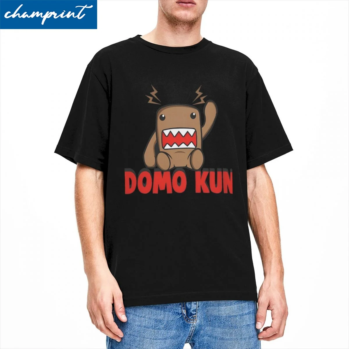 

Мужская и женская футболка Domo Kun Rock с героями мультфильмов, забавная футболка из чистого хлопка, футболка с коротким рукавом, топы с круглым вырезом, графический принт
