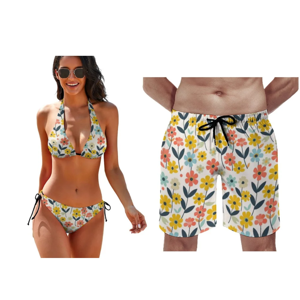 Customizable Patterned Beach Couple Outfits Summer Flower-Patterned Women's Bikini Sets Men's Beach Pants Essential For Summer