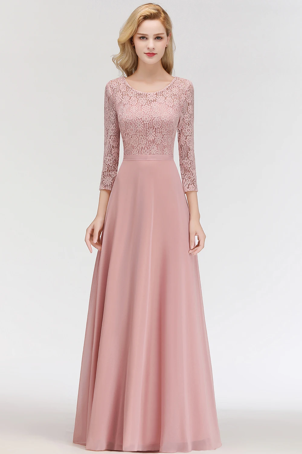 Women 3/4 Long Sleeve Evening Dresses Sexy Illusion Floral Lace O-Neck Sashes Prom Gown Chiffon A-Line Maxi Formal Party Vestido