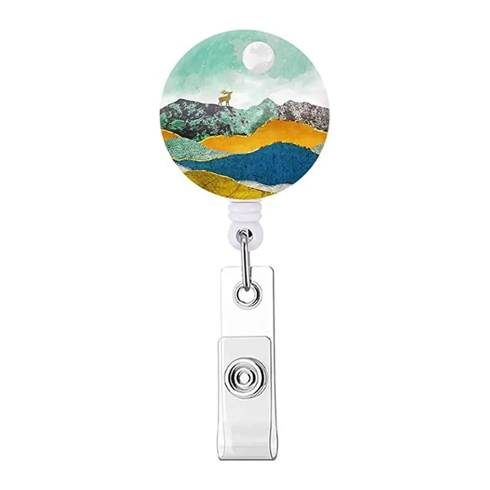 Painting Badge Reel Clip Charms Jewelry Gold Foil ID Badge Clip Sunrise Badge Reel Reels Keyring Card Badge Holder ID Lanyard