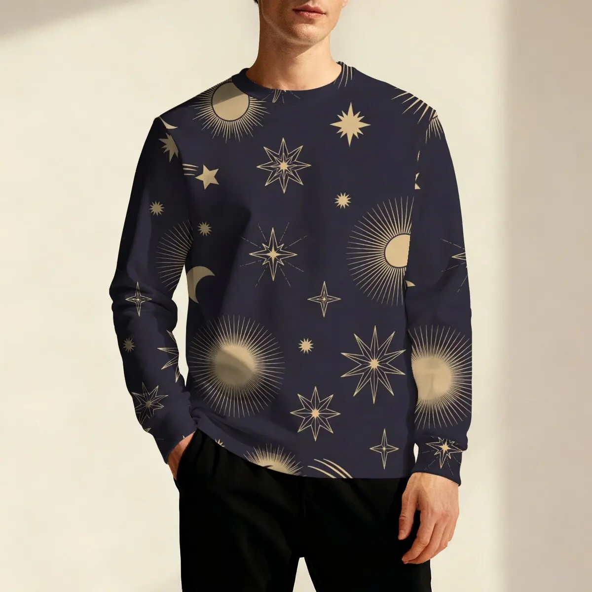 

Мужская толстовка с длинными рукавами и круглым вырезом, минималистичный дизайн, с принтами солнца, луны и звезд, для осени и зимы, универсальный топ.