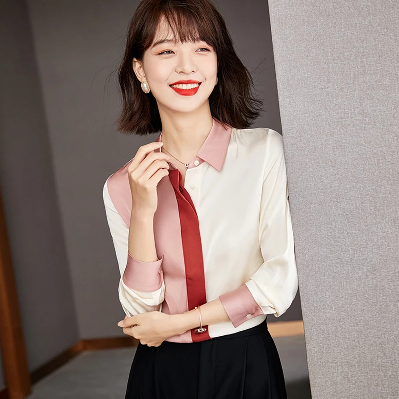 

Satin Shirt Women Long Sleeve Pink Satin Tops Office Lady Shirts Loose Slim Office Work Wear Tops