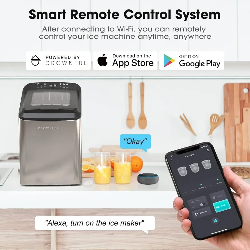 CROWNFUL Smart Ice Maker Countertop, with App Remote Control Machine, 9 Bullet Ice Ready in 7-10 Mins, 33lbs Ice in 24H