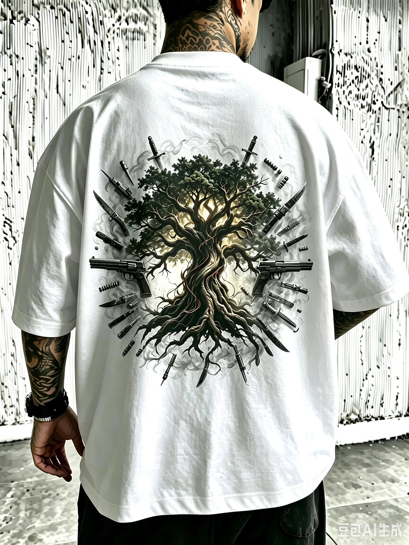 Men Women Unisex Oversized Cotton T-Shirt, Ancient Oak Tree Surrounded By Blades And Weapons Back Print Tee, Retro Dark Style Street Fashion Casual Short Sleeve Tops