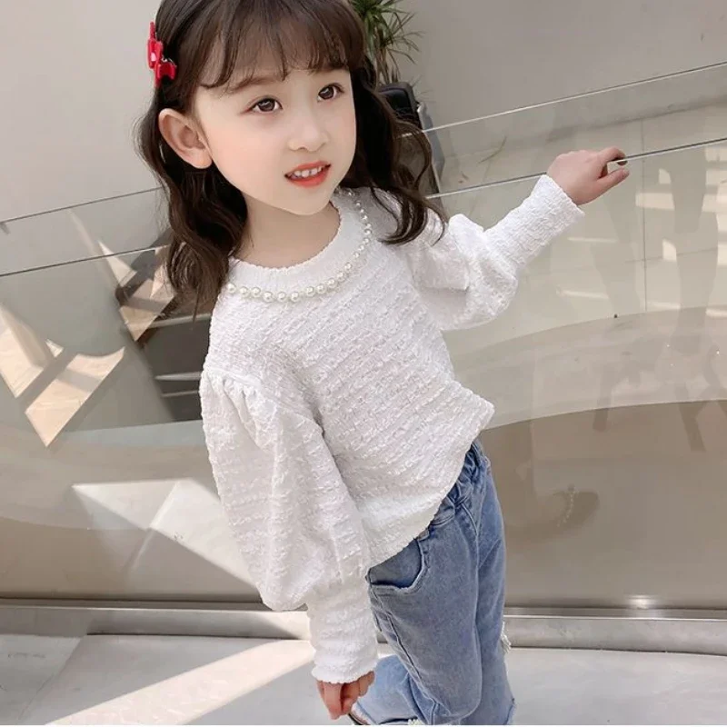 Kids Girls Beading Chiffon Blouses 2024 New Arrival Children Puff Sleeve Tops Autumn Winter Casual Blouse Shirts Korean Style