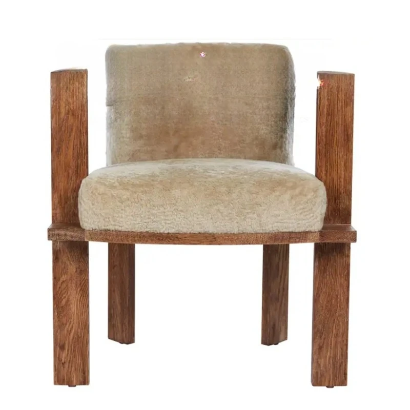 

Vintage medieval lamb wool home dining chair designer armrest single chair study wabi-sabi backrest