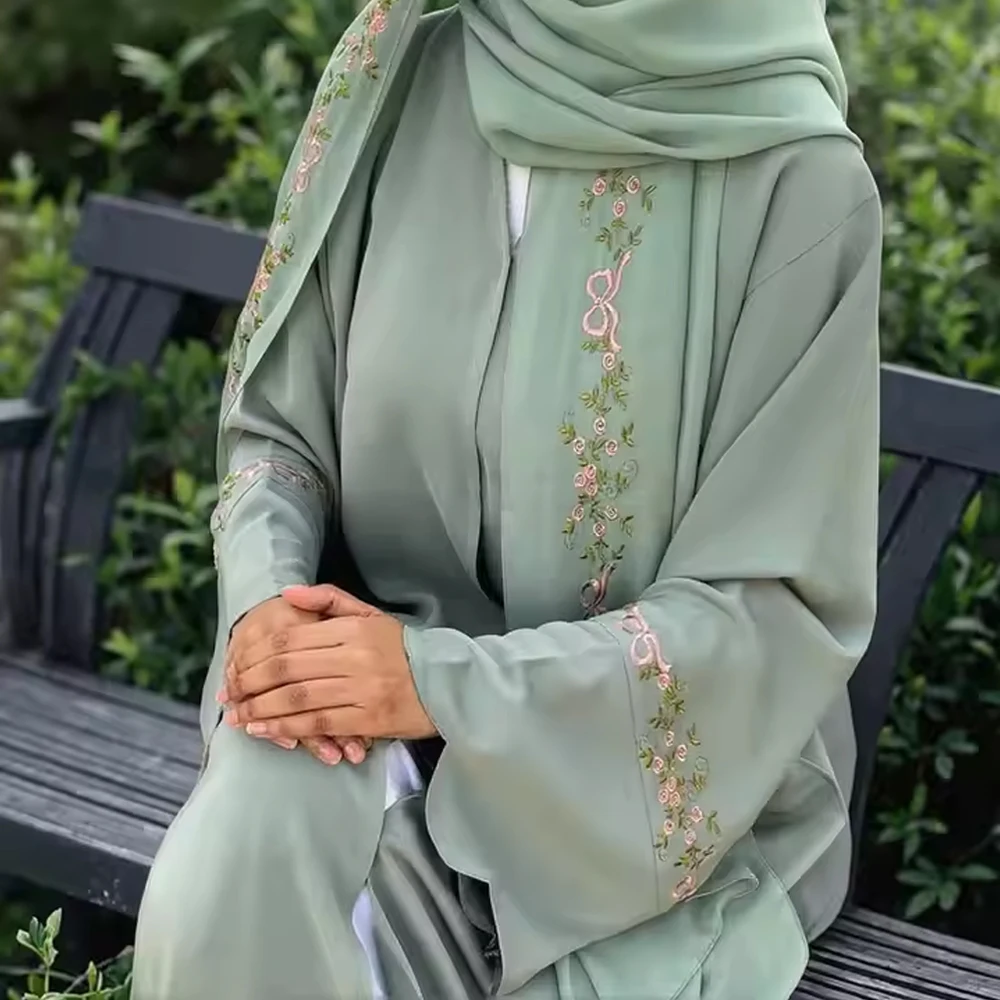 

2025 женские платья с вышивкой, роскошная Абая, Дубай, женская одежда, открытая передняя часть, Абая и хиджаб, комплект из 2 предметов, исламская одежда