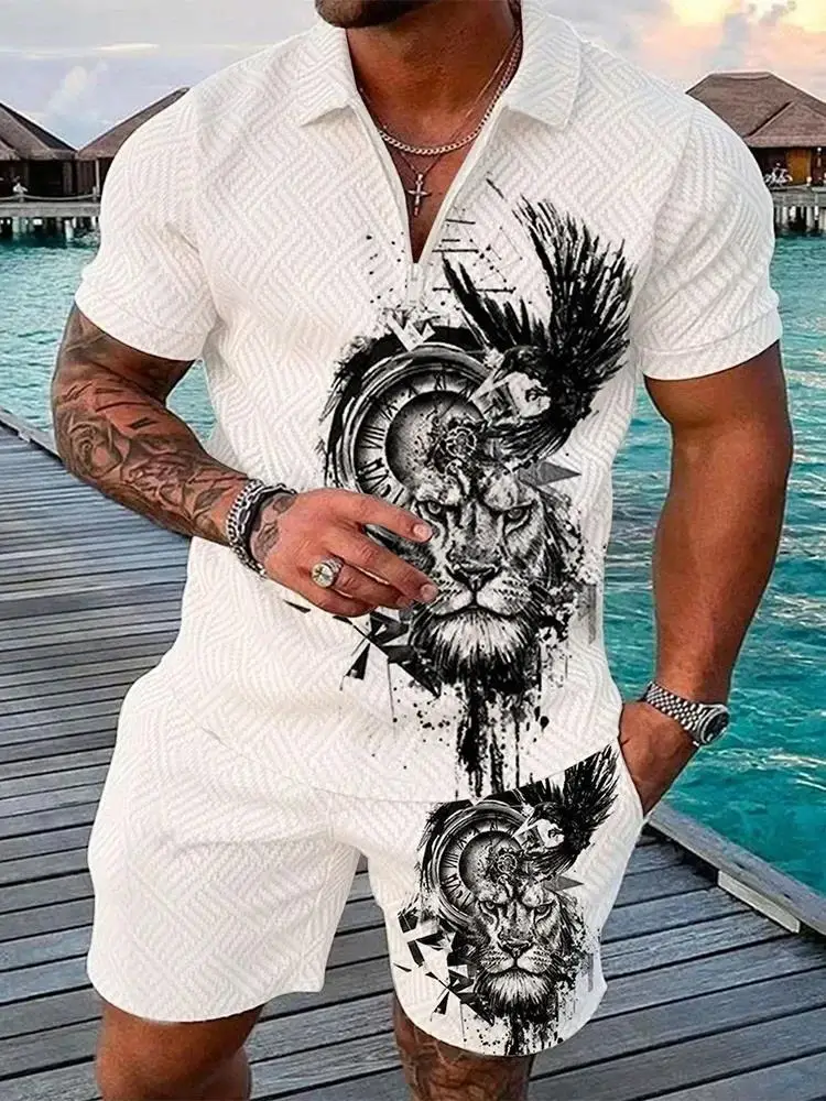 

Men's Casual Sports two-piece set, Fashionable New Summer men's Zippered Polo Shirt And Shorts Set With Solid Color Graffiti